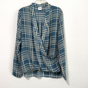 CAbi Windowpane Plaid Faux Wrap Blouse Top M Blue Blouson Front Work‎ Style 3068